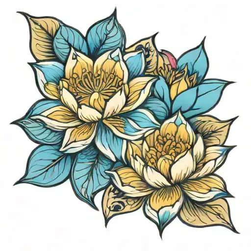 blue golden lotus flowers tattoo design idea