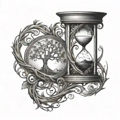 A tree of life intertwined with an hourglass, symbolizing the cycle of life, time passing, and eventual death tattoo design idea