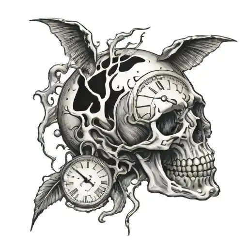 A tattoo of a clock melting into a skull, symbolizing the passage of time and mortality tattoo design idea