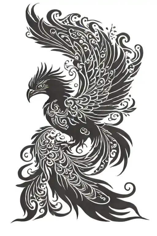A phoenix silhouette at sunrise with intricate wing details tattoo design idea