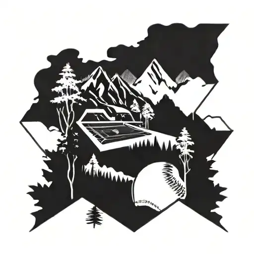 A nature scene with a baseball diamond nestled among trees and mountains, with a blackwork style tattoo design idea