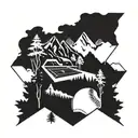 A nature scene with a baseball diamond nestled among trees and mountains, with a blackwork style tattoo design idea