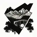 A nature scene with a baseball diamond nestled among trees and mountains, with a blackwork style tattoo design idea