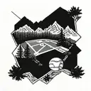 A nature scene with a baseball diamond nestled among trees and mountains, with a blackwork style tattoo design idea