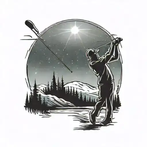 A silhouette of a golfer swinging a club under the Aurora Borealis, symbolizing the connection between your dad, golfing, and family tattoo design idea