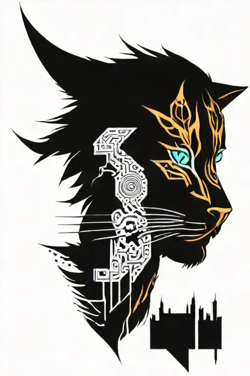 stylized felin tattoo,sniny orange chrome eyes,the head in relief and tribals under the head ( front face ) tattoo design idea