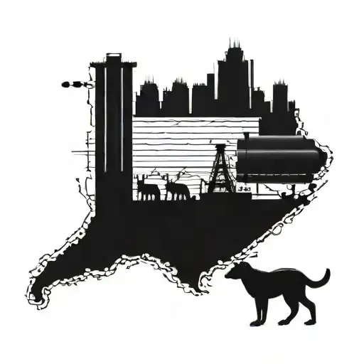 An intricate blackwork design of oil rigs and pipelines intertwined with animals native to the oil fields, such as prairie dogs or coyotes tattoo design idea