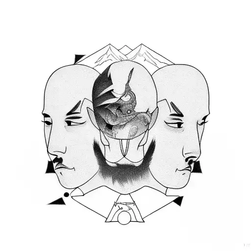 3 friend picture only outerlines and "bald" text on japan  tattoo design idea