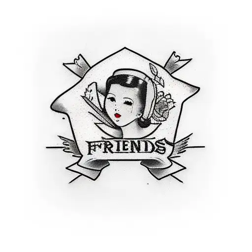 3 friend picture only outerlines and text ハゲた tattoo design idea