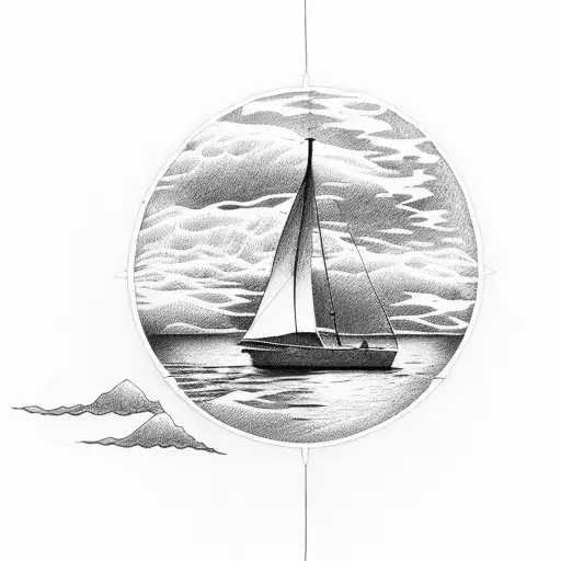 A sailboat gracefully gliding across the open ocean with a breathtaking sunset in the background tattoo design idea