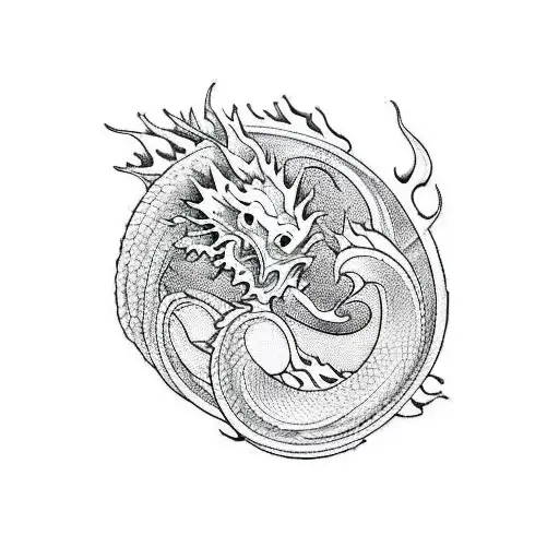 Waves, carp, dragon, maple. In black, white and red colors tattoo design idea