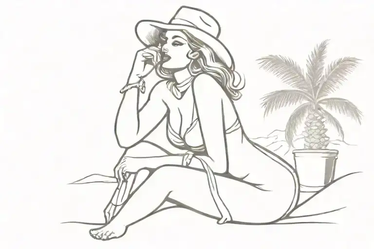sexy pinup western girl sitting on the beach with a palm tree in the background  tattoo design idea
