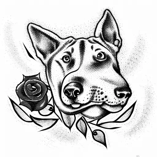 bull terrier grinning in red roses with thorns tattoo design idea