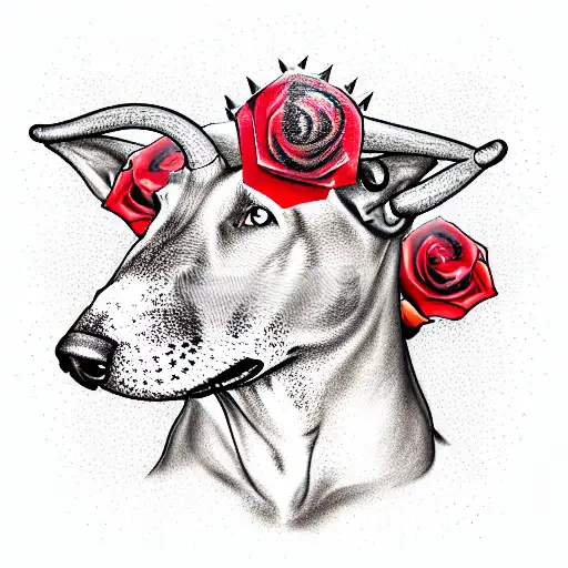 The head with the bared mouth of a bull terrier in red roses with spikes  tattoo design idea