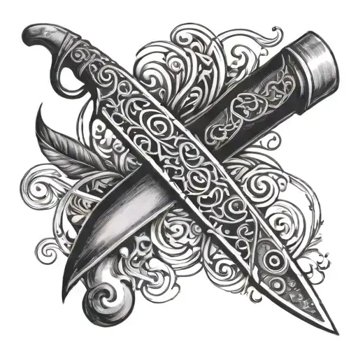 A detailed blackwork tattoo of a chef's knife intertwined with musical notes and fishing hooks tattoo design idea
