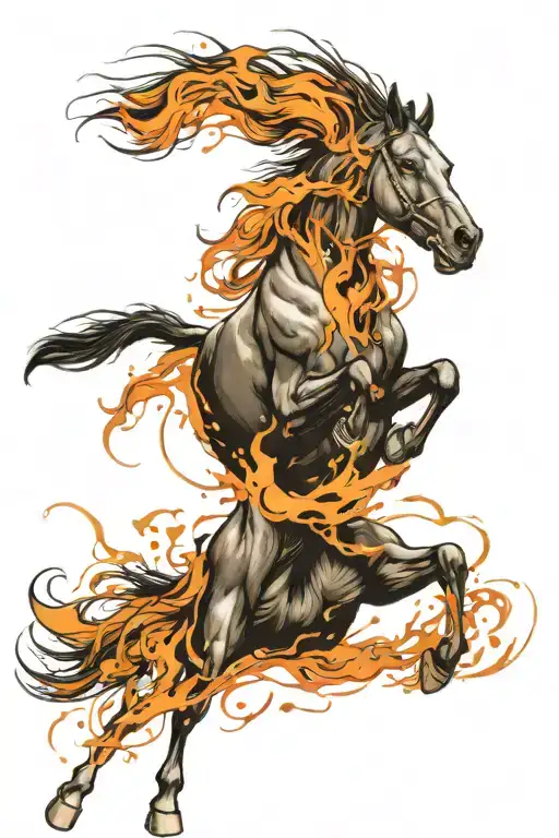 a black horse galloping, a pitbull running next to it tattoo design idea