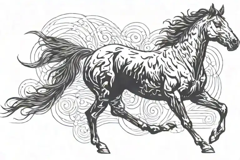a black horse galloping, a pitbull running next to it tattoo design idea