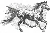 a black horse galloping, a pitbull running next to it tattoo design idea
