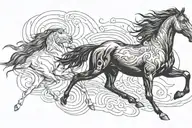 a black horse galloping, a pitbull running next to it tattoo design idea