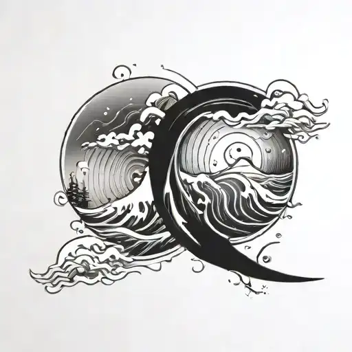 matching tattoo in small size, black, the concept of the couple with reference to space and sea wave tattoo design idea