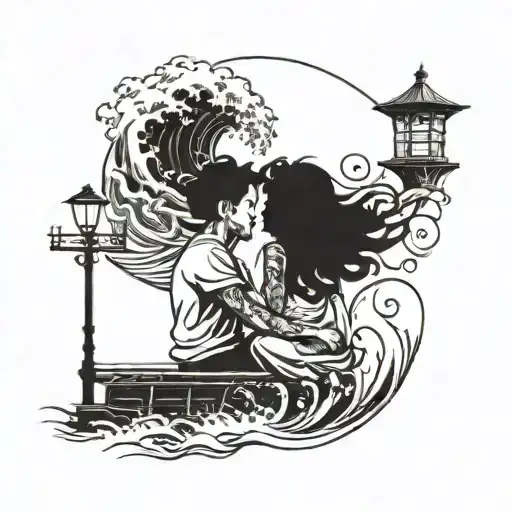 matching tattoo, couple sitting with wave crashing the pier with space above them, black art, much more simple tattoo design idea