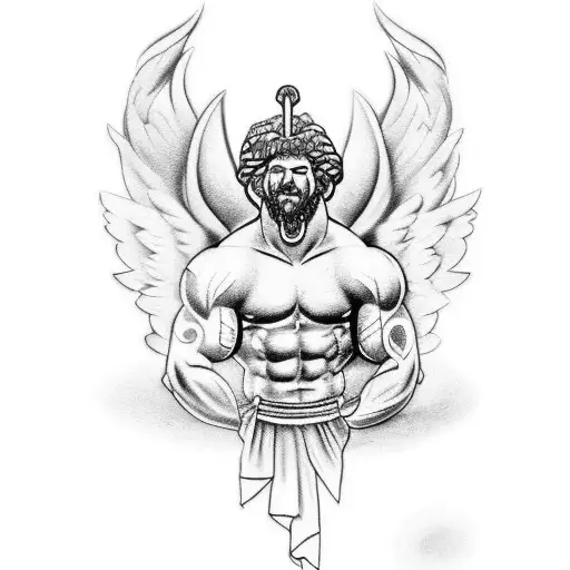 A Greek mythology-inspired tattoo of a muscular firefighter battling a mythical creature tattoo design idea