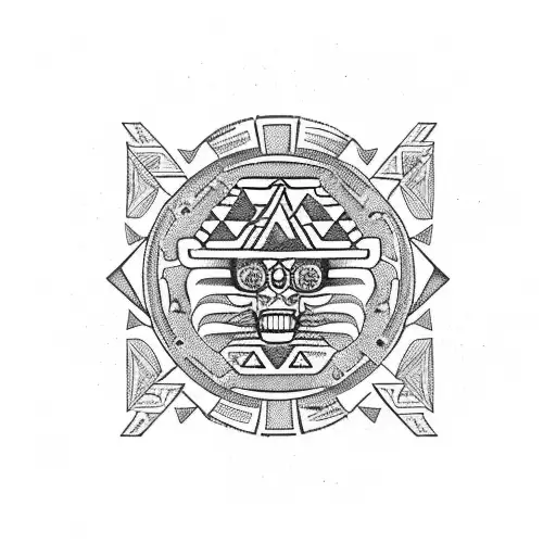 A tequila bottle with a hiking trail winding around it, adorned with Aztec symbols tattoo design idea