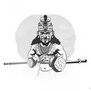 An Aztec warrior with a gym dumbbell as a weapon tattoo design idea