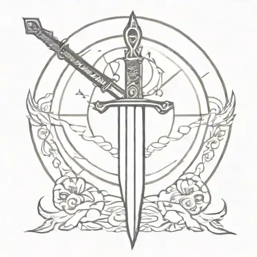 A gothic style tattoo of a sword with intricate moon and sun motifs tattoo design idea
