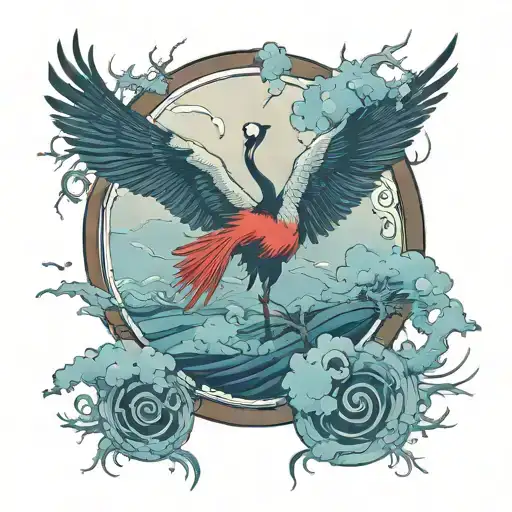 enso circle  surround a tori gate and a crane bird tattoo design idea