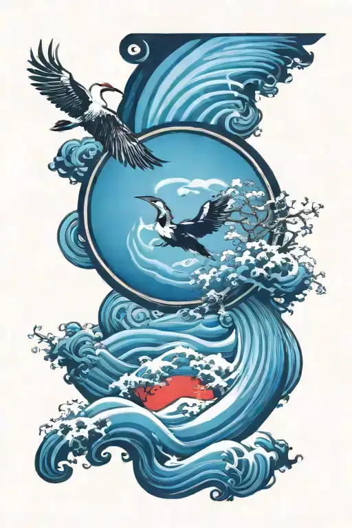 enso circle wave surrond a tori gate and crane bird tattoo design idea