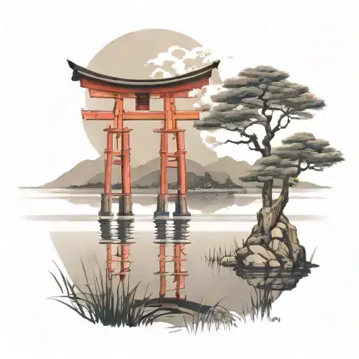 very short torii reflect on lake scene  tattoo design idea