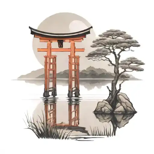 torii reflect on lake scene tattoo design idea
