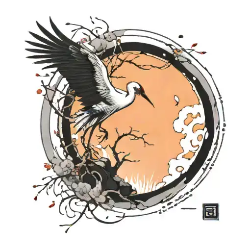 one simple enso zen circle tori and crane bird tattoo design idea