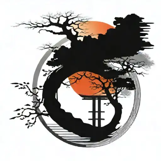 enso japanese torii reflects on lake  scene tattoo design idea