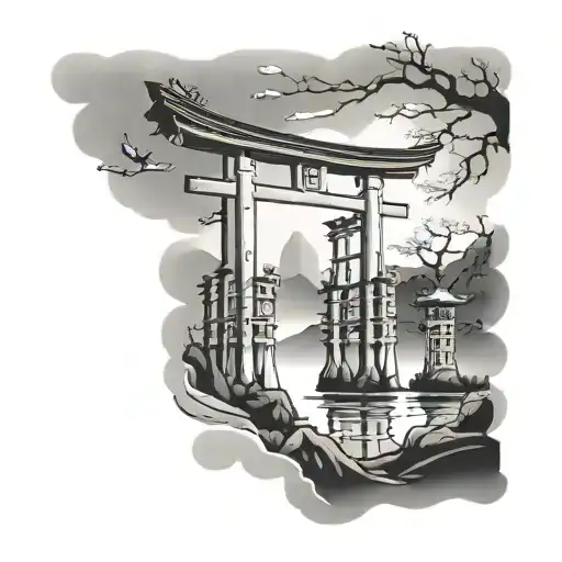 japanese torii reflects scene tattoo design idea