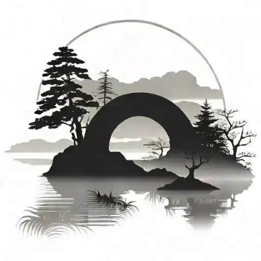 enso paint circle contains torii reflects on lake  scene tattoo design idea