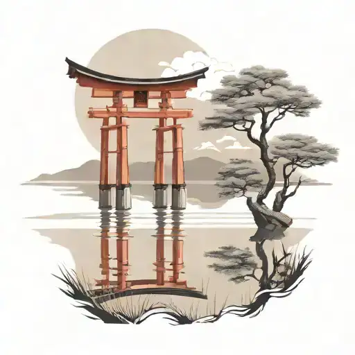 very short torii reflects on lake scene  tattoo design idea
