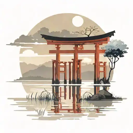 torii that reflects on a lake  scene tattoo design idea
