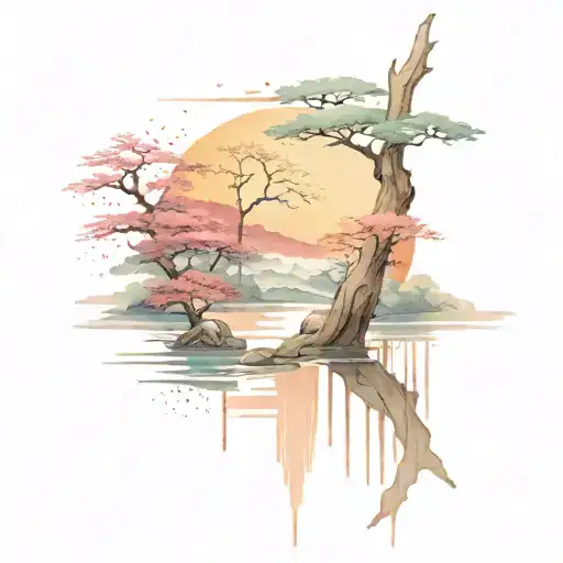 japanese  tori reflect lake scene tattoo design idea