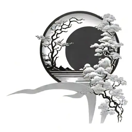 enso paint circle contains japanese torii reflects on lake  scene tattoo design idea