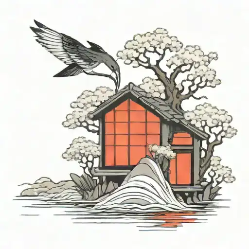 japanese tori reflects on lake scene tattoo design idea