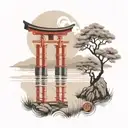 torii and lake inside painted circle  tattoo design idea
