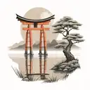 torii and lake inside painted circle  tattoo design idea