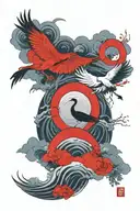 enso circle wave surround a tori gate and a crane bird tattoo design idea