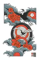enso circle wave surround a tori gate and a crane bird tattoo design idea