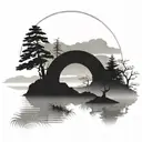enso paint circle contains torii reflects on lake  scene tattoo design idea