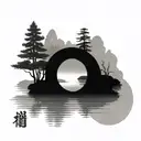 enso paint circle contains torii reflects on lake  scene tattoo design idea