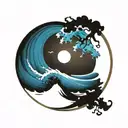enso circle paint brush  with tori gate great wave tattoo design idea