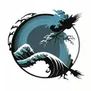 enso circle paint brush  with tori gate great wave tattoo design idea